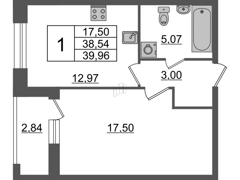 1-комнатная квартира, 39.96 м² - планировка, фото №1