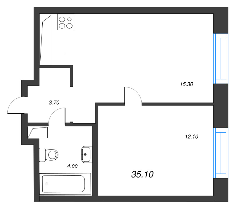2-комнатная (Евро) квартира, 35.1 м² в ЖК "Струны" - планировка, фото №1