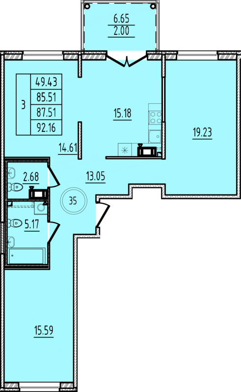 3-комнатная квартира, 85.51 м² - планировка, фото №1