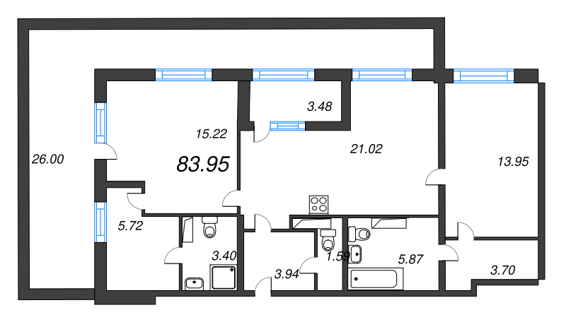 3-комнатная (Евро) квартира, 83.95 м² в ЖК "БелАрт" - планировка, фото №1