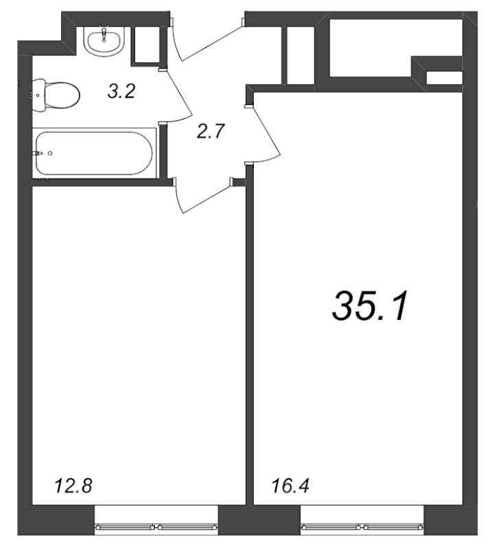 2-комнатная (Евро) квартира, 35.59 м² - планировка, фото №1