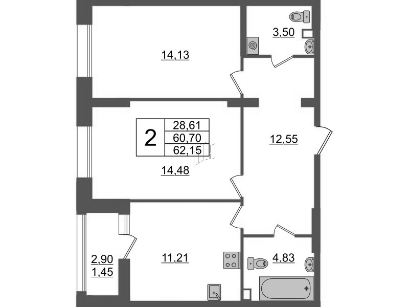 2-комнатная квартира, 62.15 м² - планировка, фото №1