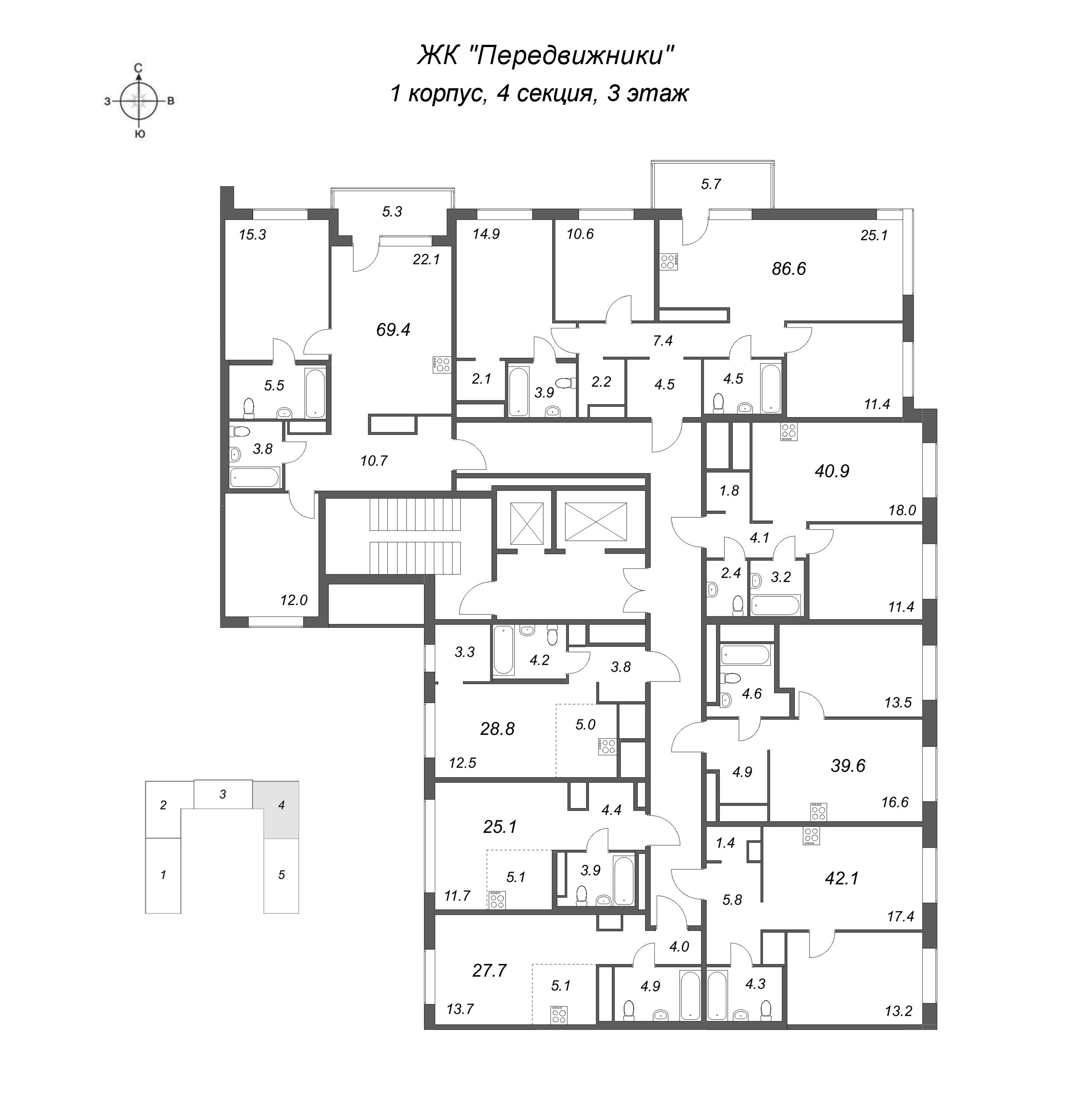 3-комнатная (Евро) квартира, 69.4 м² в ЖК "Передвижники" - планировка этажа