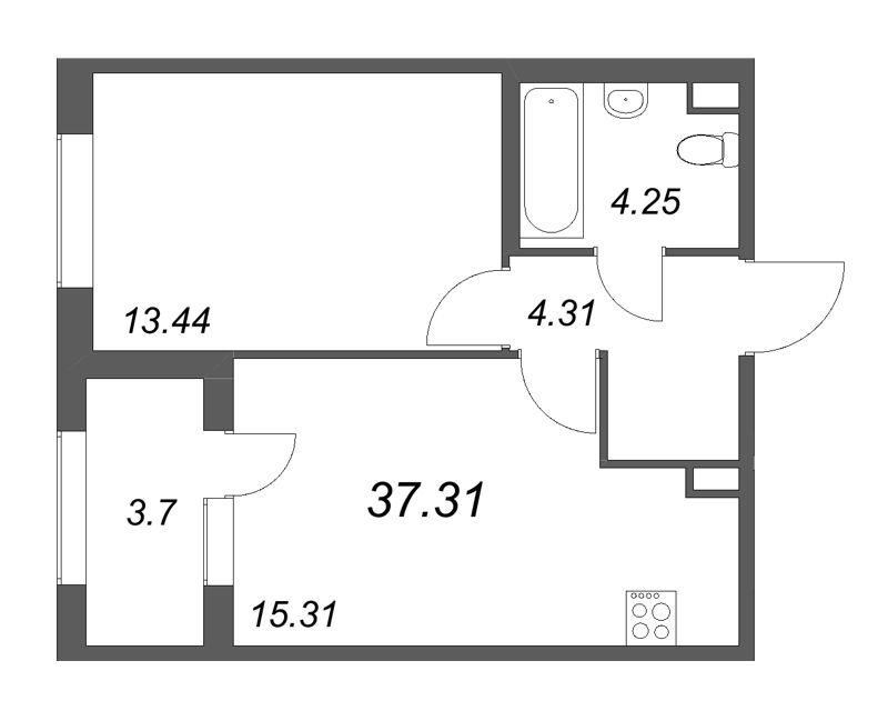 2-комнатная (Евро) квартира, 37.31 м² в ЖК "Дубровский" - планировка, фото №1