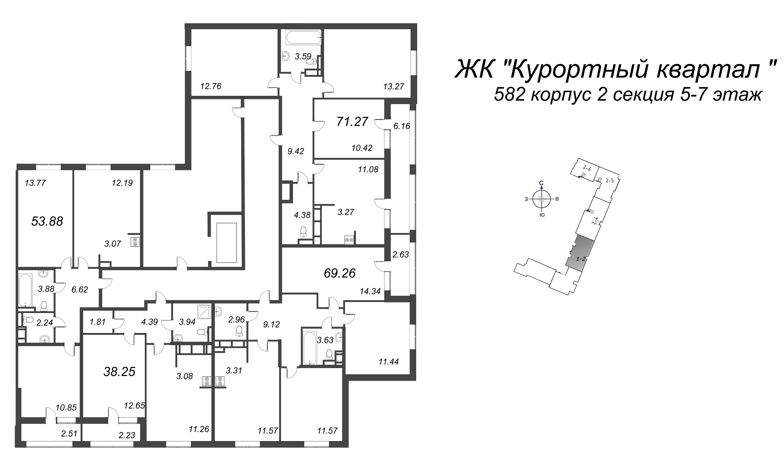 3-комнатная (Евро) квартира, 53.88 м² - планировка этажа