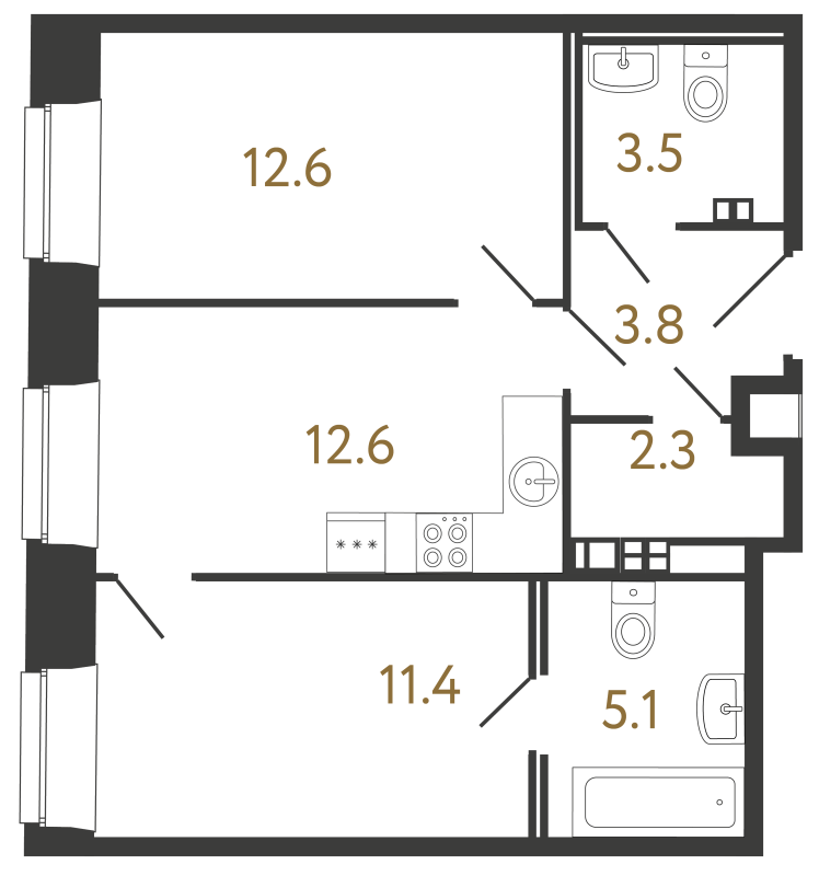 2-комнатная квартира, 51.3 м² в ЖК "Светоч" - планировка, фото №1