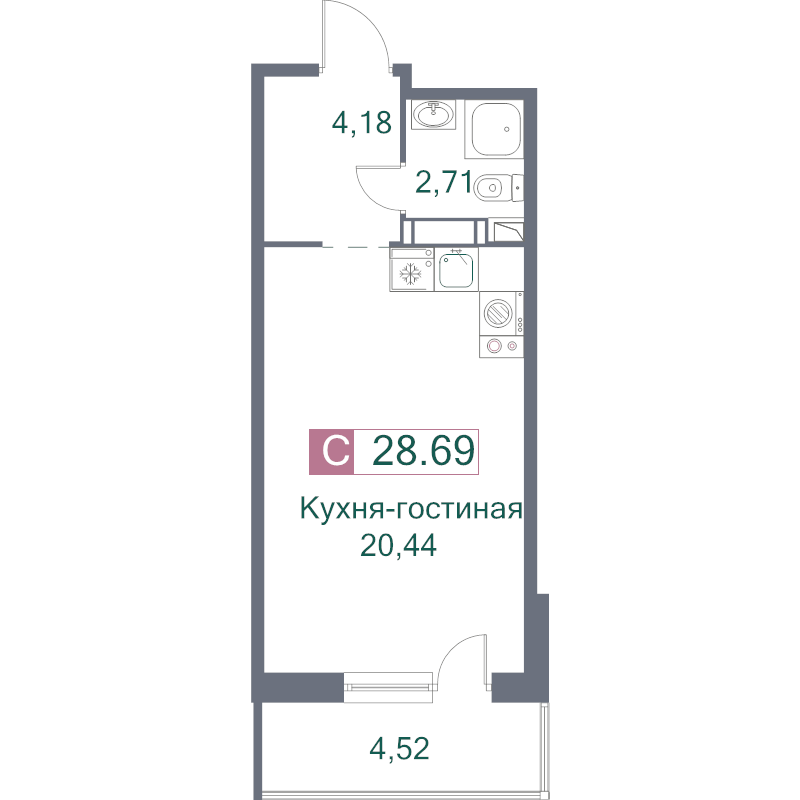 Квартира-студия, 28.69 м² - планировка, фото №1