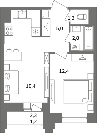 2-комнатная (Евро) квартира, 41.1 м² в ЖК "Антверпен" - планировка, фото №1