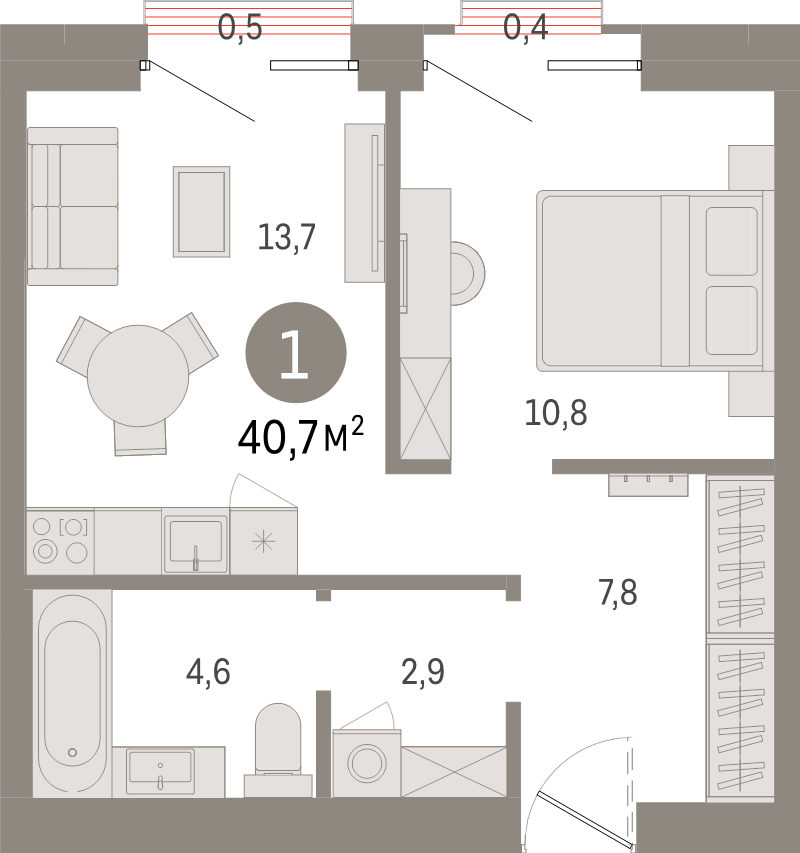 1-комнатная квартира, 40.7 м² - планировка, фото №1