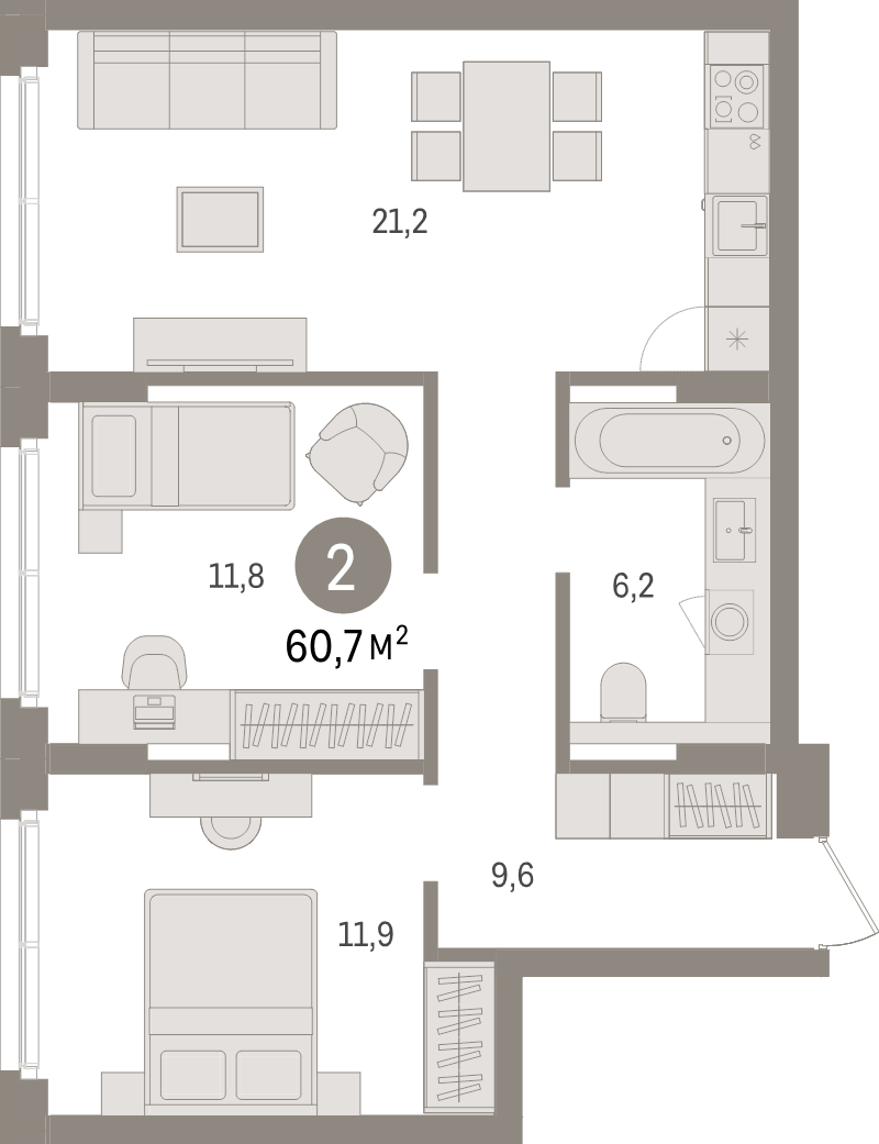 3-комнатная (Евро) квартира, 60.7 м² в ЖК "Брусника в Новоселье" - планировка, фото №1