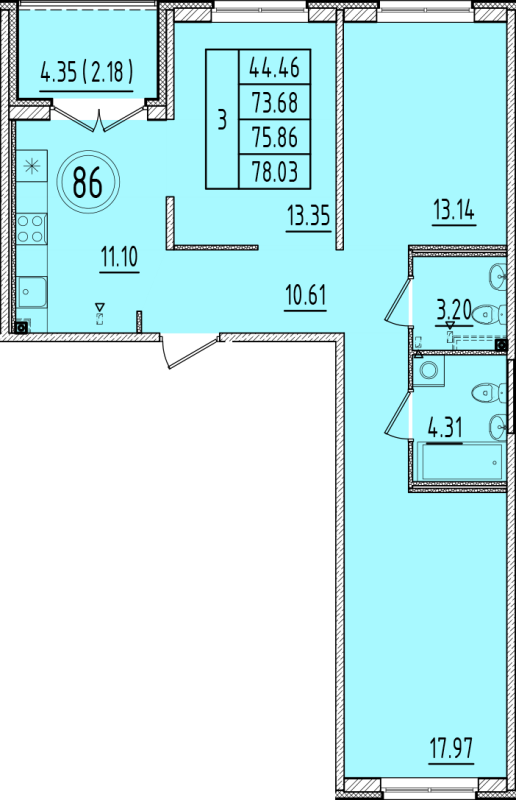 3-комнатная квартира, 73.68 м² в ЖК "Образцовый квартал 6.4" - планировка, фото №1