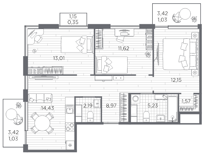 3-комнатная квартира, 71.52 м² - планировка, фото №1