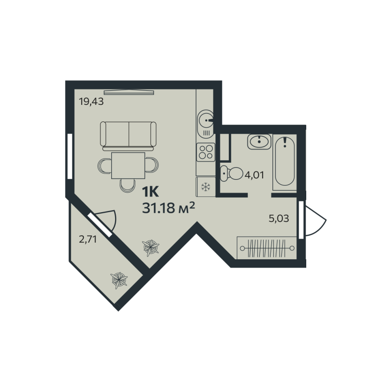 Квартира-студия, 31.18 м² в ЖК "Эдельвейс.Янино" - планировка, фото №1