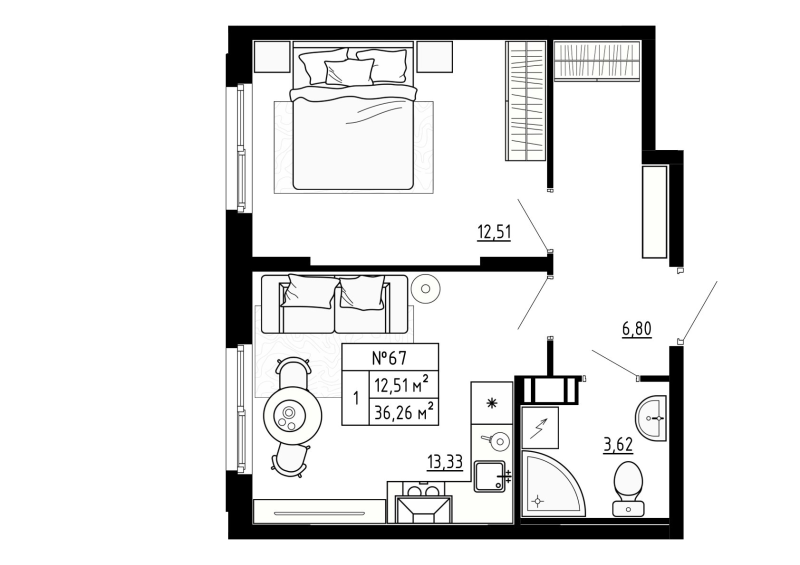 1-комнатная квартира, 36.26 м² в ЖК "Аннино Сити" - планировка, фото №1