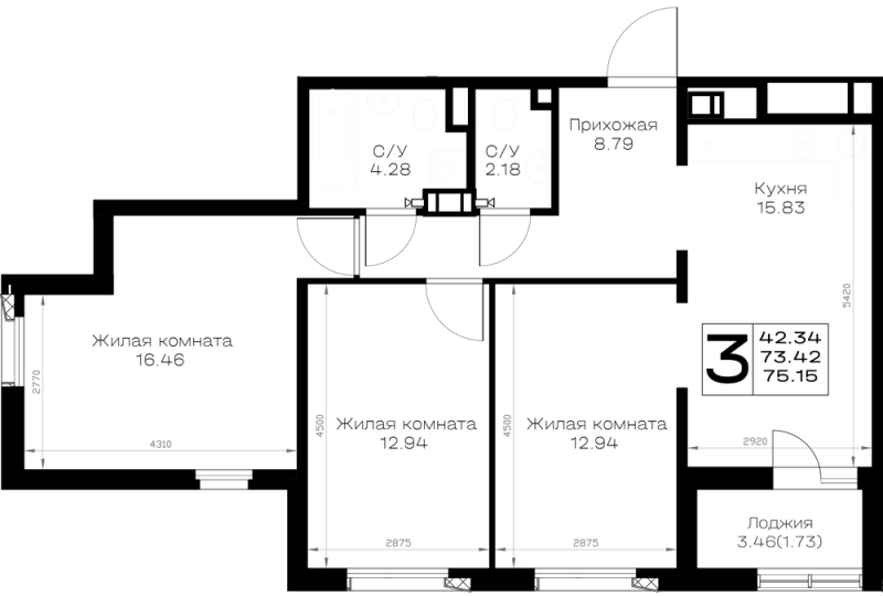 4-комнатная (Евро) квартира, 75.15 м² в ЖК "Борский" - планировка, фото №1