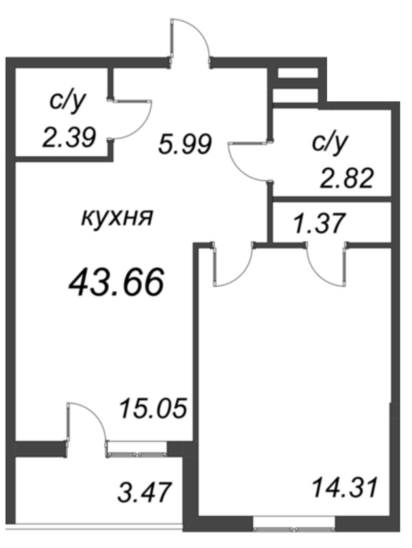 2-комнатная (Евро) квартира, 43.66 м² - планировка, фото №1