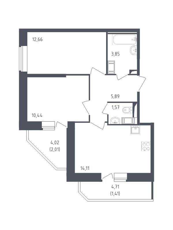 2-комнатная квартира, 51.94 м² в ЖК "Живи! В Рыбацком" - планировка, фото №1