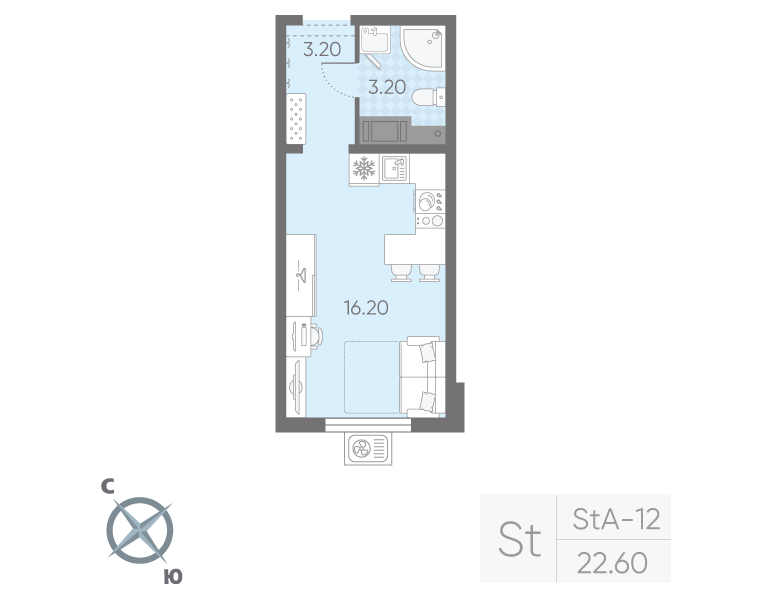 Квартира-студия, 22.6 м² в ЖК "Ручьи" - планировка, фото №1