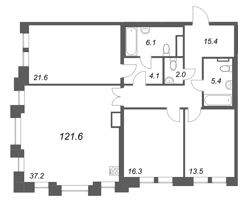 4-комнатная (Евро) квартира, 121.6 м² в ЖК "Коллекционер" - планировка, фото №1