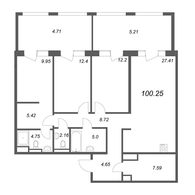 4-комнатная (Евро) квартира, 100.25 м² - планировка, фото №1