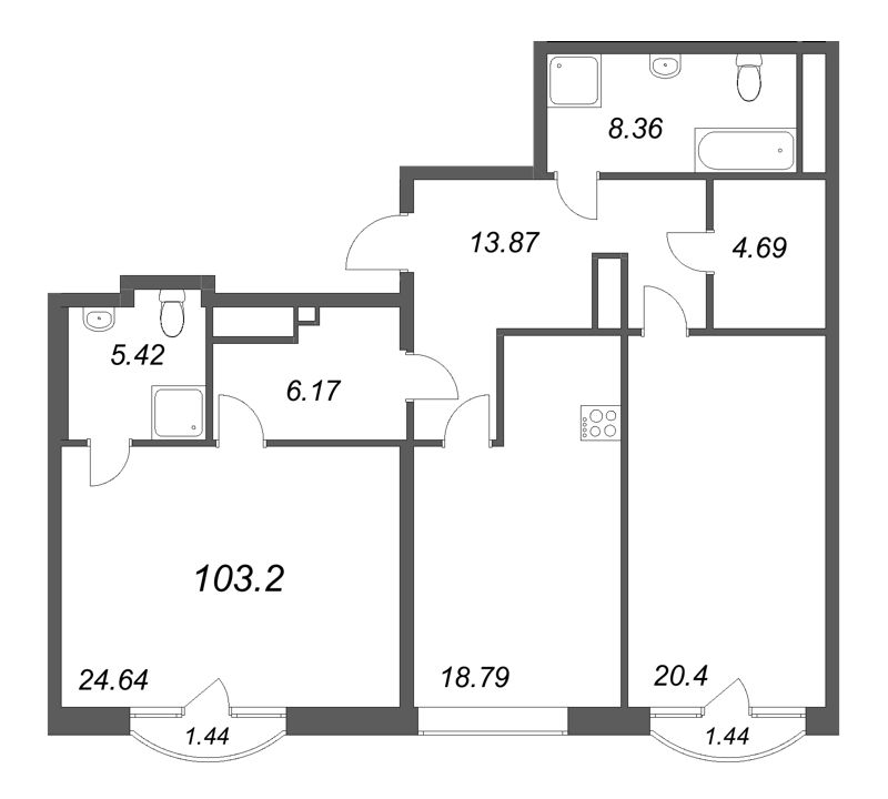 3-комнатная (Евро) квартира, 103.2 м² в ЖК "MONODOM-ART" - планировка, фото №1