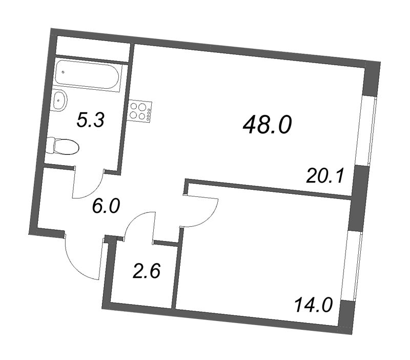 2-комнатная (Евро) квартира, 48 м² в ЖК "Визионер" - планировка, фото №1