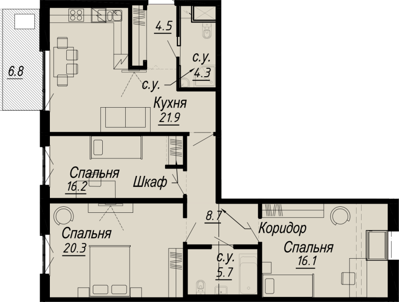 3-комнатная квартира, 99.74 м² - планировка, фото №1