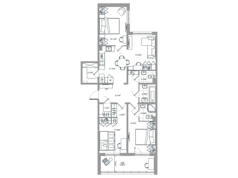 3-комнатная квартира, 88.51 м² в ЖК "ЛесАрт" - планировка, фото №1