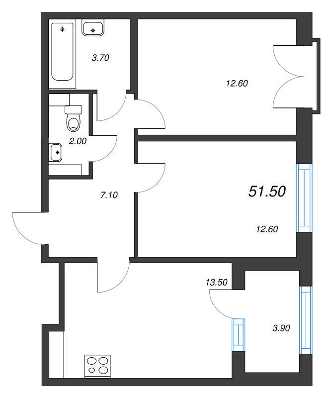 2-комнатная квартира, 51.5 м² в ЖК "Дубровский" - планировка, фото №1