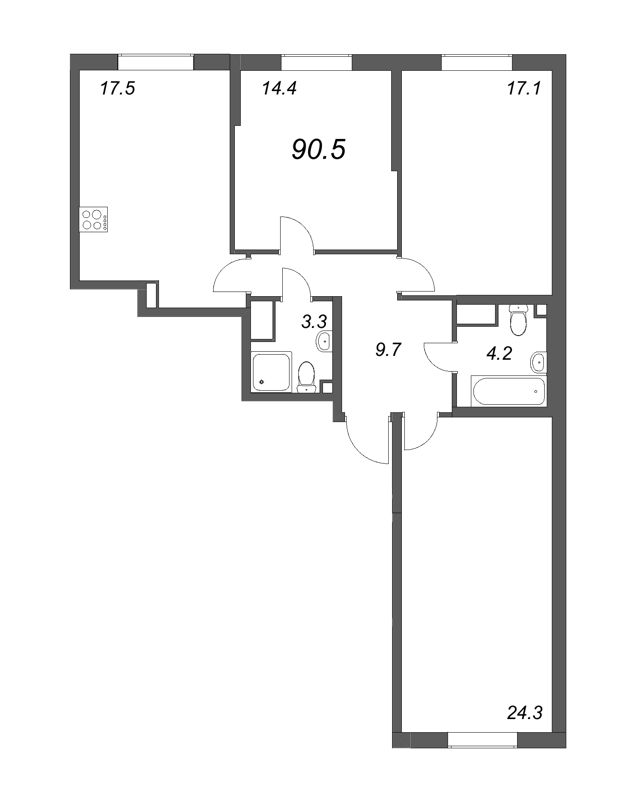 4-комнатная (Евро) квартира, 90.5 м² - планировка, фото №1