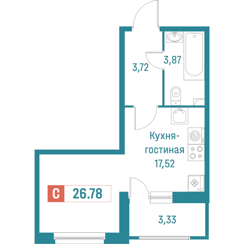 Квартира-студия, 26.78 м² в ЖК "Графика" - планировка, фото №1