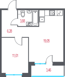 2-комнатная (Евро) квартира, 41.95 м² в ЖК "Город-спутник Южный" - планировка, фото №1