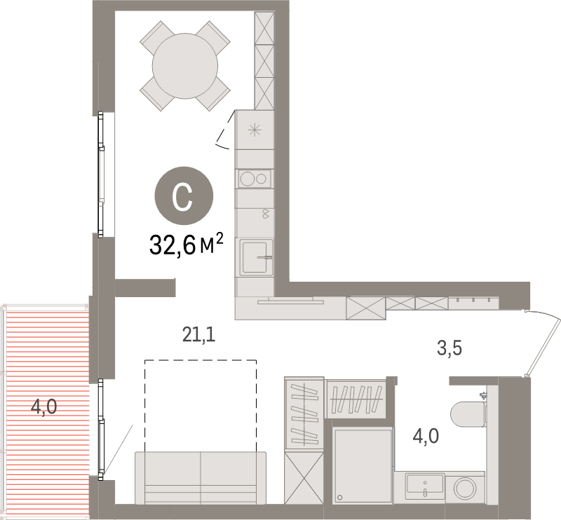 Квартира-студия, 32.6 м² - планировка, фото №1
