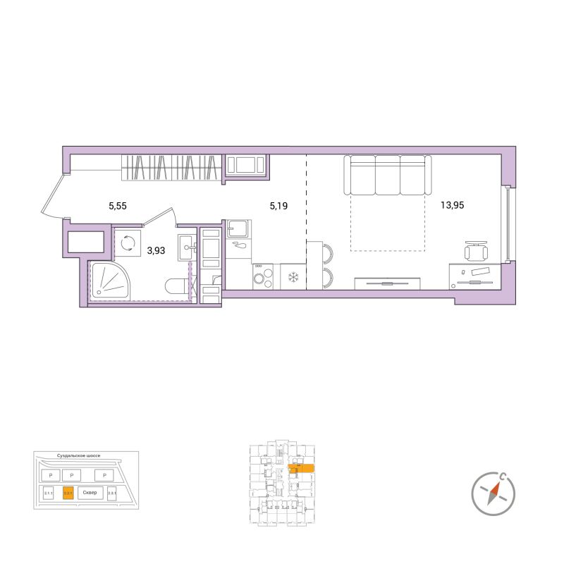 Квартира-студия, 28.62 м² в ЖК "OKLA" - планировка, фото №1
