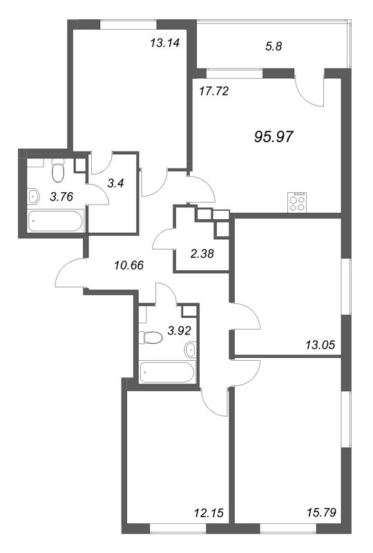5-комнатная (Евро) квартира, 95.97 м² в ЖК "Любоград" - планировка, фото №1