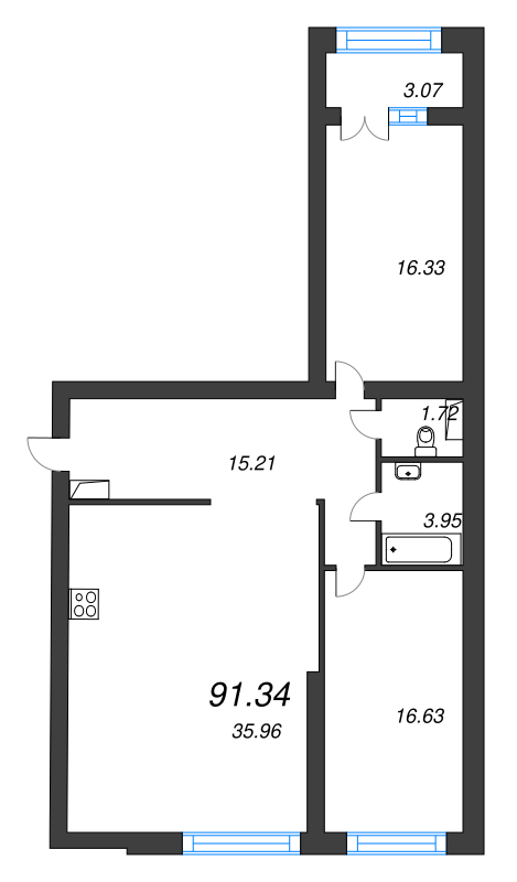 3-комнатная (Евро) квартира, 92.1 м² - планировка, фото №1