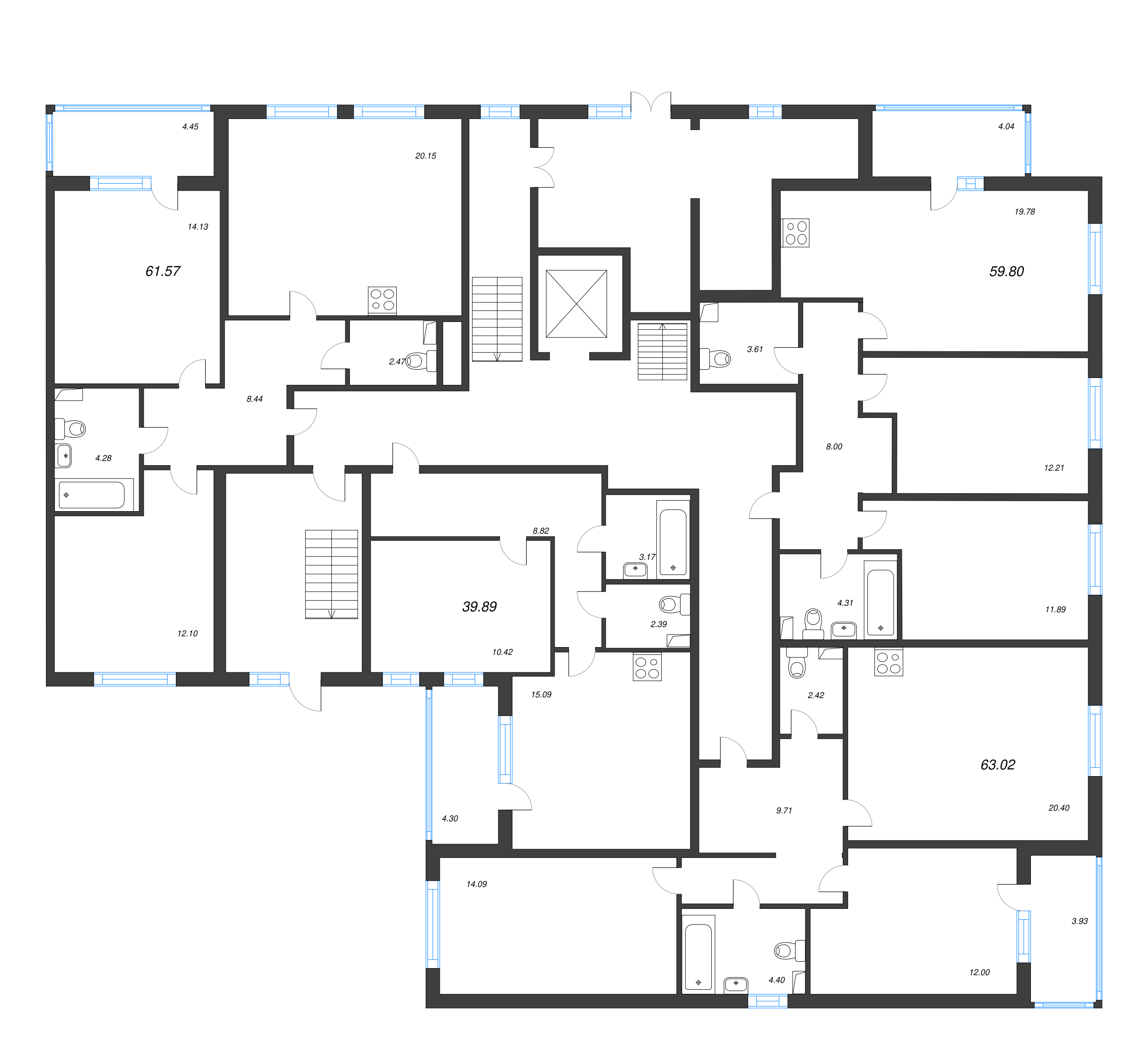 2-комнатная (Евро) квартира, 39.89 м² - планировка этажа