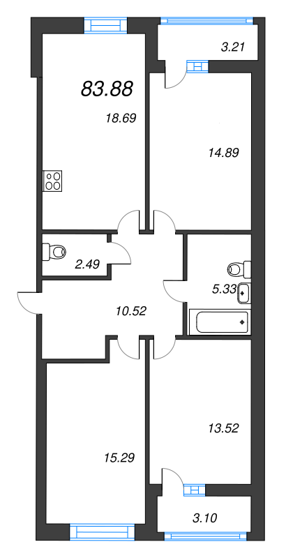 4-комнатная (Евро) квартира, 84 м² - планировка, фото №1 4-комнатная (Евро) квартира, 84 м² - планировка, фото №1