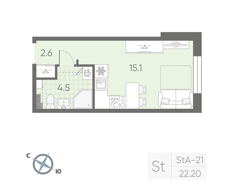 Квартира-студия, 21.9 м² в ЖК "Пулково Lake" - планировка, фото №1