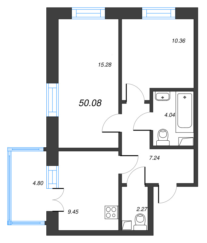 2-комнатная квартира, 50.08 м² в ЖК "Тишин" - планировка, фото №1