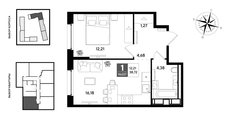 2-комнатная (Евро) квартира, 38.72 м² в ЖК "Догма Юкки 2" - планировка, фото №1