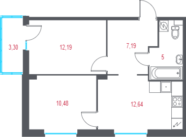 2-комнатная квартира, 48.49 м² в ЖК "Город-спутник Южный" - планировка, фото №1
