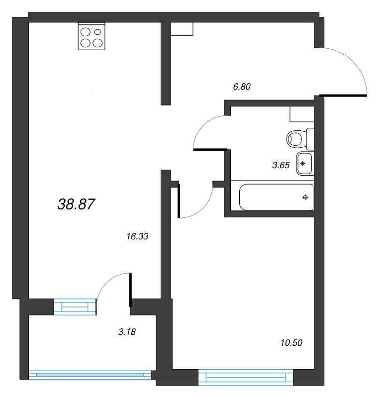 2-комнатная (Евро) квартира, 38.87 м² в ЖК "ЛесArt" - планировка, фото №1
