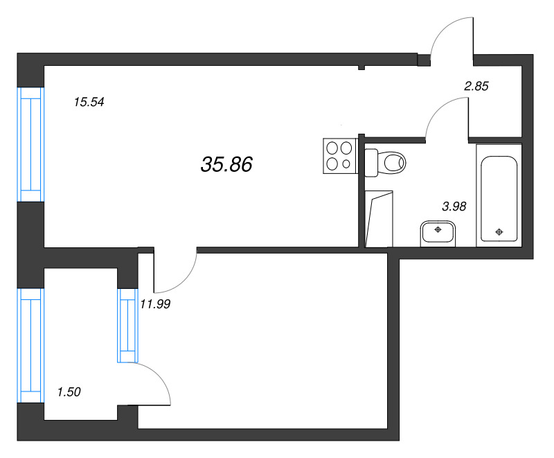 2-комнатная (Евро) квартира, 35.86 м² в ЖК "ORO by Akvilon" - планировка, фото №1