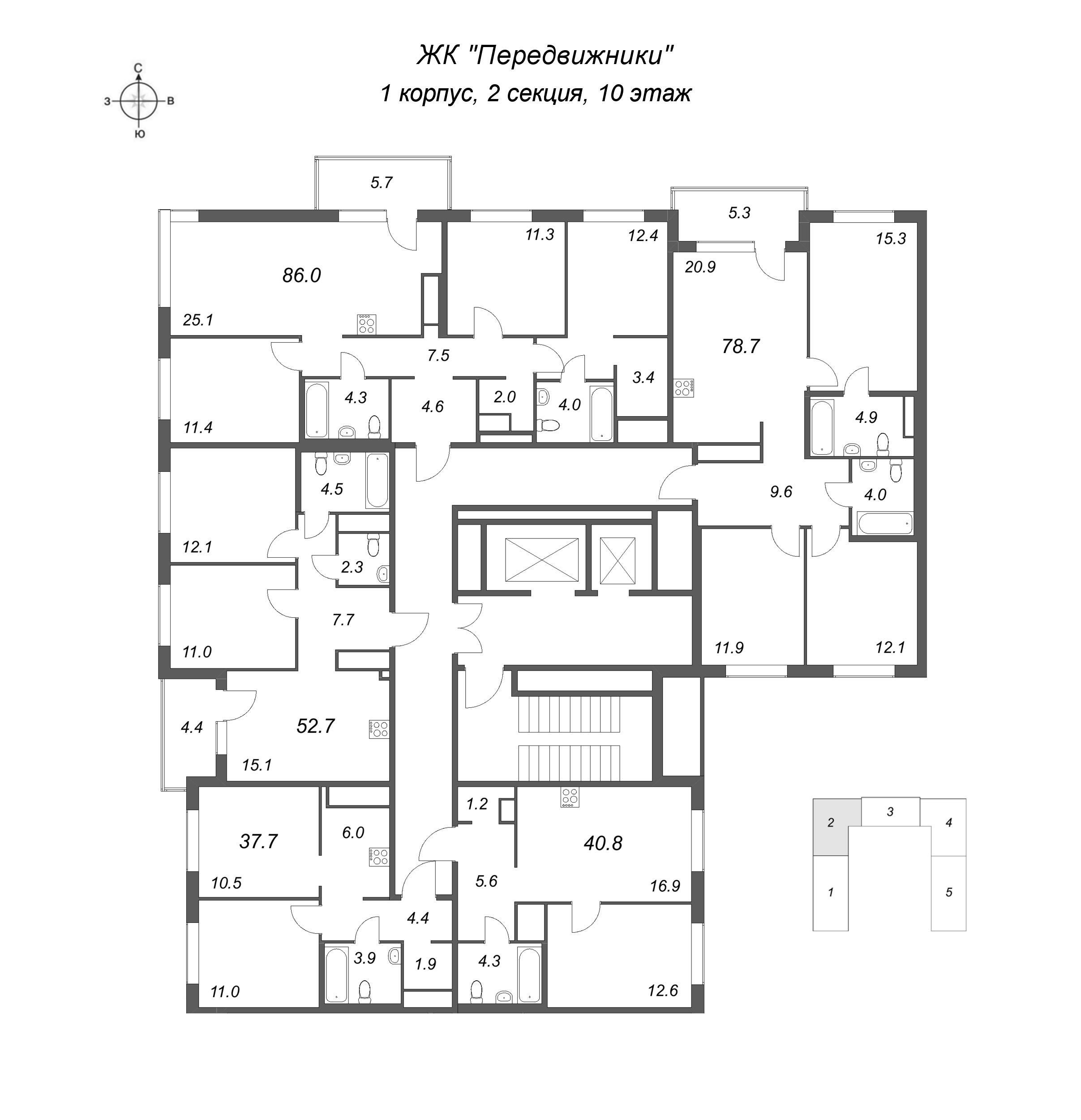 2-комнатная (Евро) квартира, 40.8 м² в ЖК "Передвижники" - планировка этажа