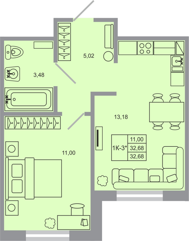 1-комнатная квартира, 32.68 м² в ЖК "Стороны света-2" - планировка, фото №1