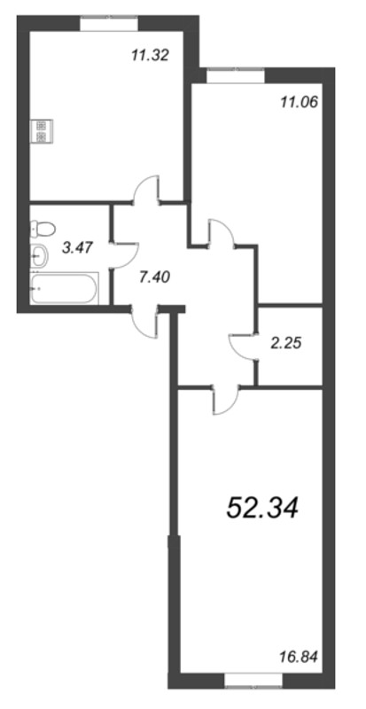 2-комнатная квартира, 52.34 м² - планировка, фото №1