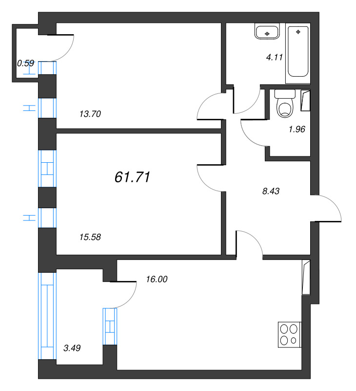 3-комнатная (Евро) квартира, 61.71 м² в ЖК "Кронфорт. Центральный" - планировка, фото №1