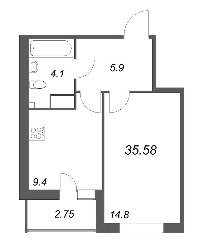 1-комнатная квартира, 35.58 м² - планировка, фото №1