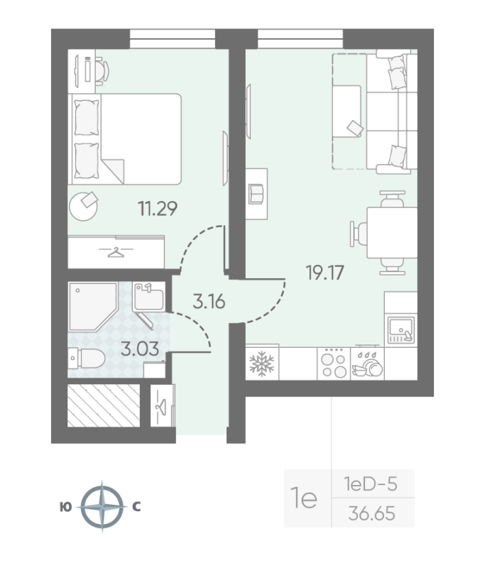 1-комнатная квартира, 36.65 м² в ЖК "Морская миля" - планировка, фото №1